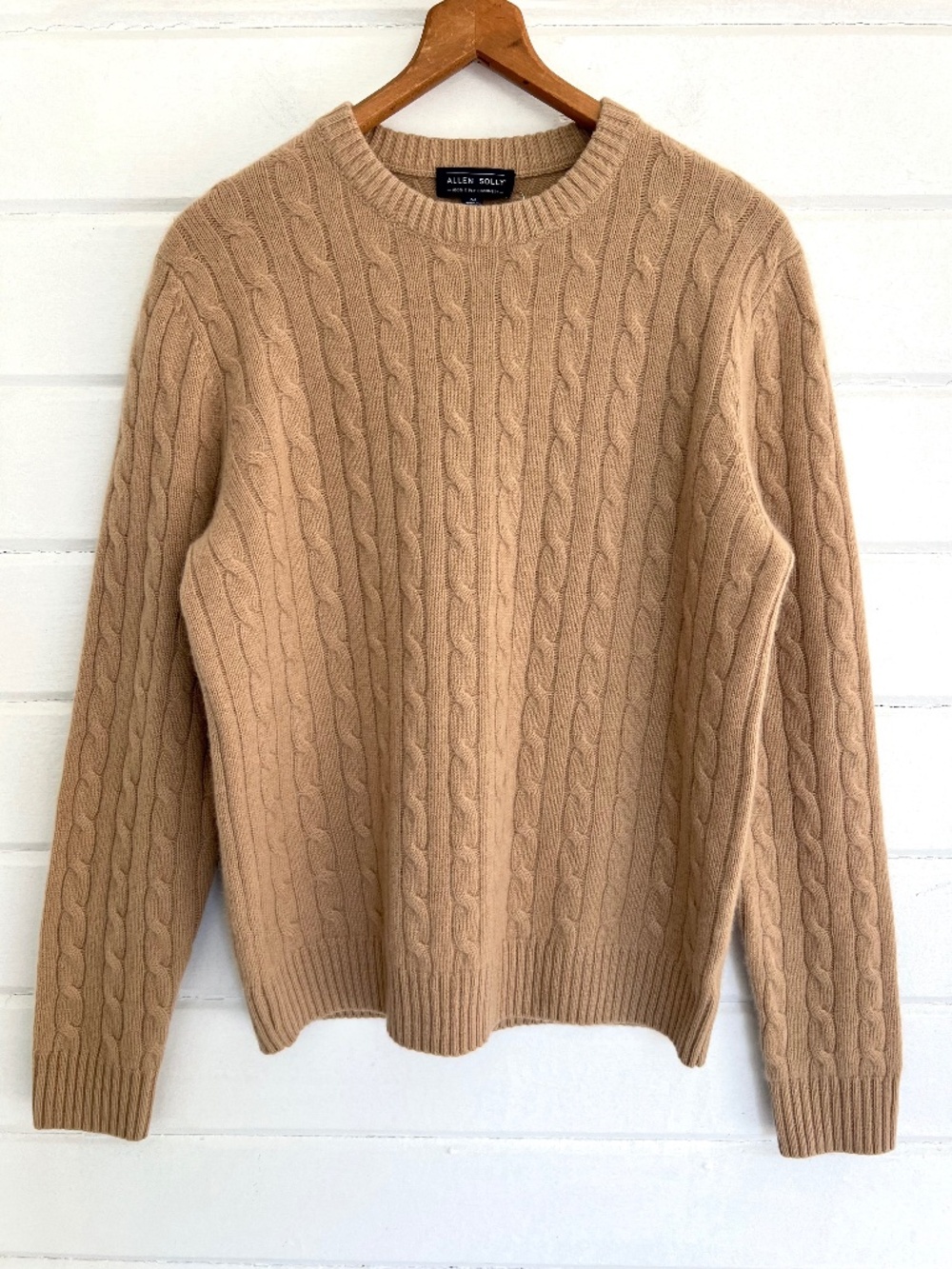 ALLEN SOLLY 2-Ply Cashmere Cable Knit Crewneck Sweater in Camel - NWT! - M